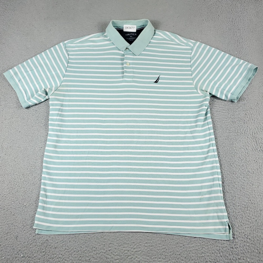 Nautica Polo Shirt Mens XL Blue White Striped Performance Deck Short Sleeve
